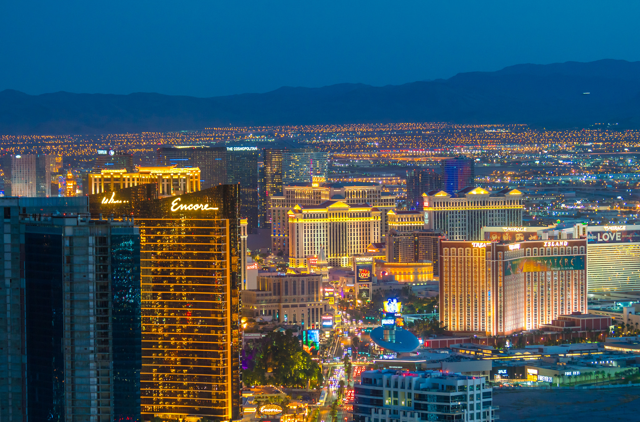 Panorama cityscape view of Las Vegas at sunset in Nevada