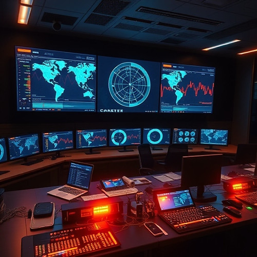 Fintech command center with glowing financial data projections